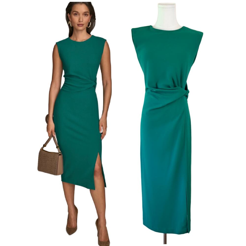 DONNA KARAN Twist Waist Midi Sheath Dress Size 4 Lawn Green Work Party Sleeveles